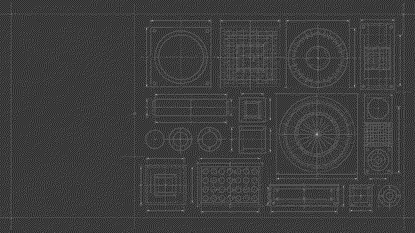 A blueprint drawing of interface parts: dialled gauges, dimensioned panels, and a grid of repeated tiles