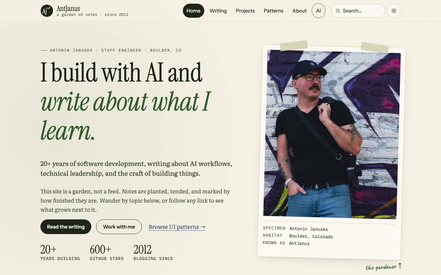 Home page of the Digital Garden Ethos redesign