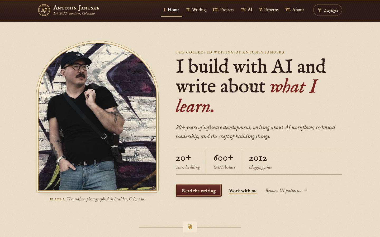 Home page of the Dark Academia redesign
