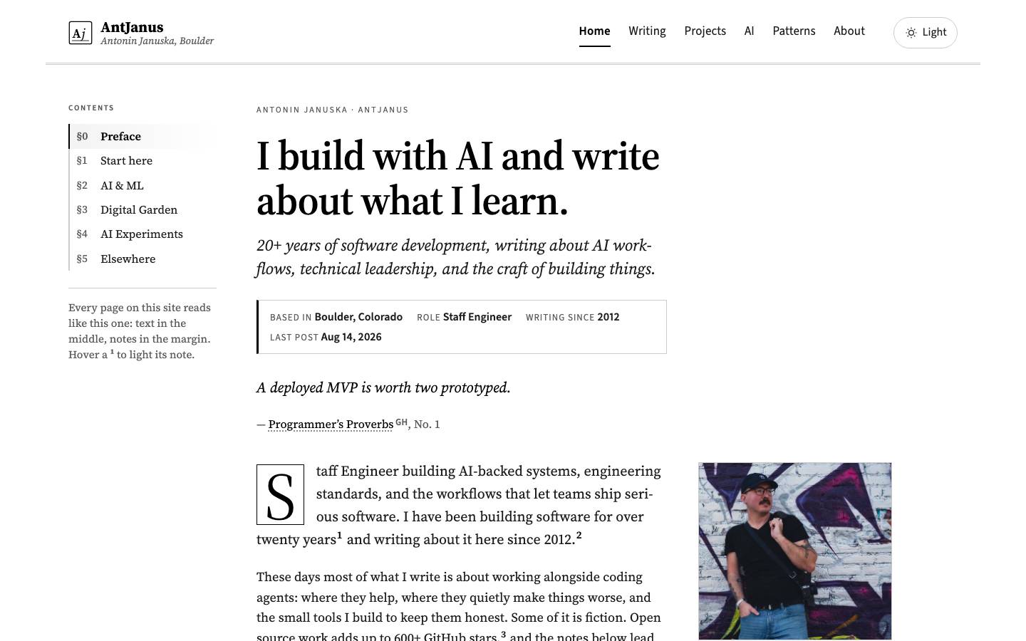 Home page of the Long-Form Sidenotes redesign