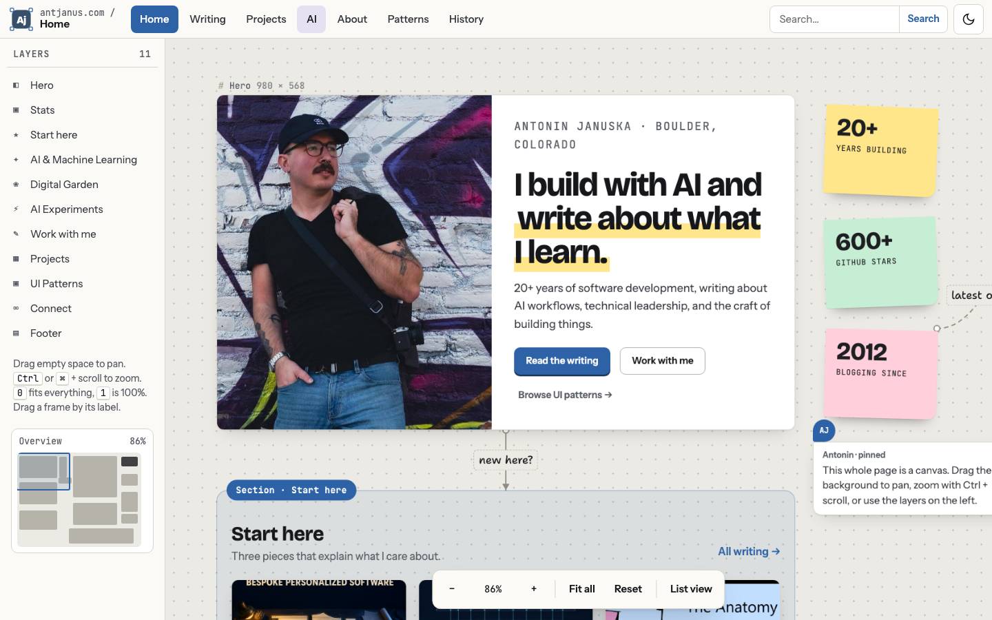 Home page of the Infinite Canvas redesign