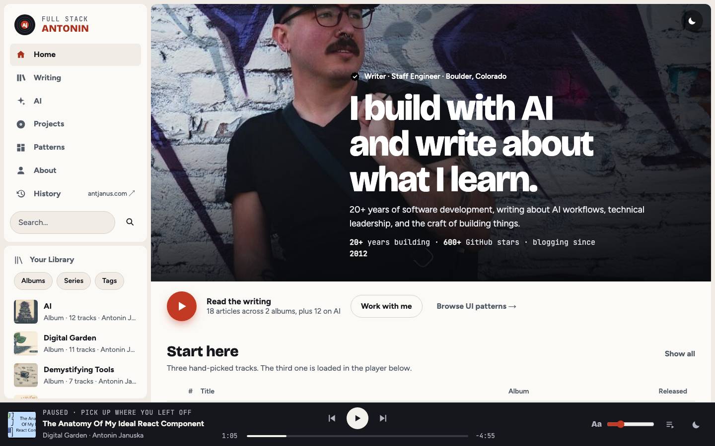 Home page of the Music Player Metaphor redesign