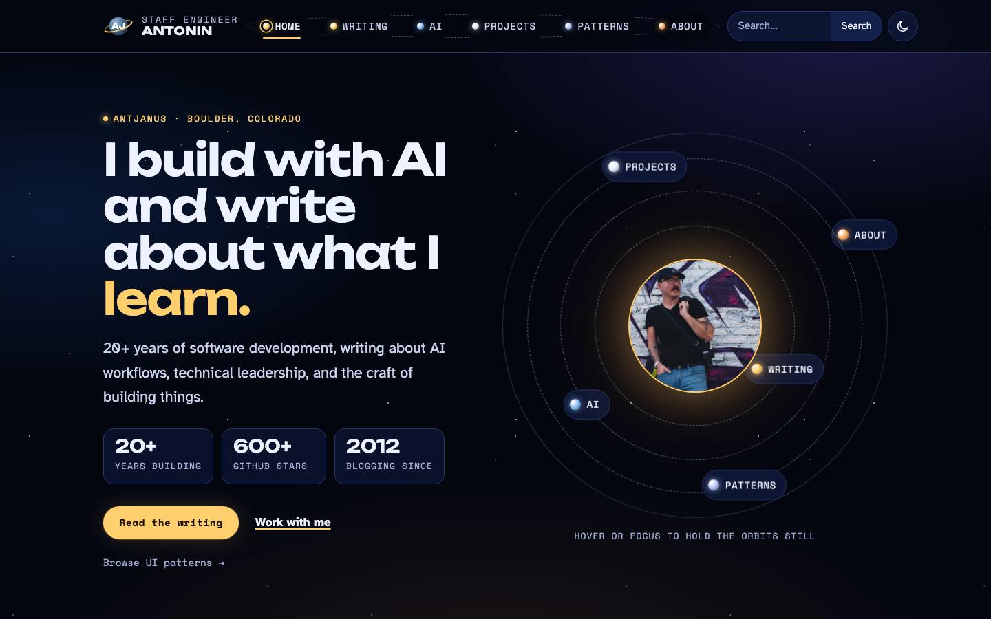 Home page of the Cosmic / Space redesign