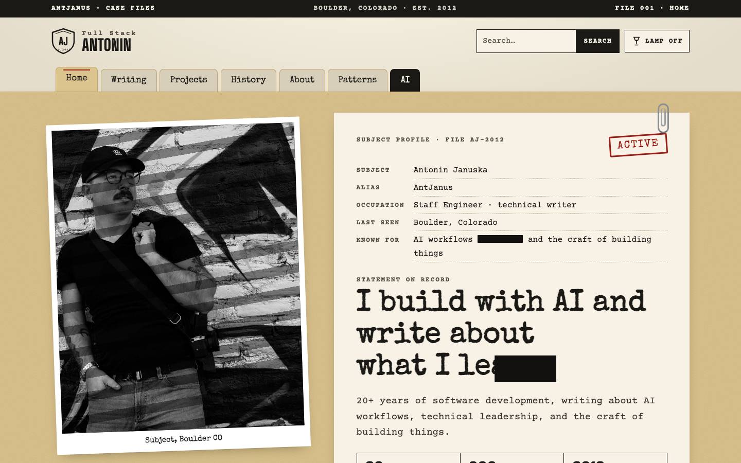 Home page of the Noir Detective File redesign